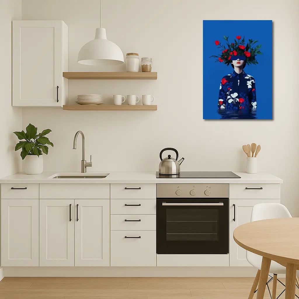 Woman With Red Flowers Blue Surreal Art – Wall Art