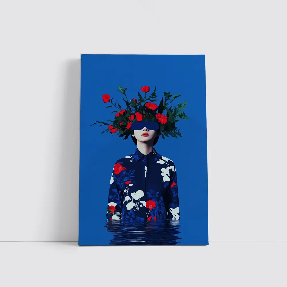 Woman With Red Flowers Blue Surreal Art – Wall Art