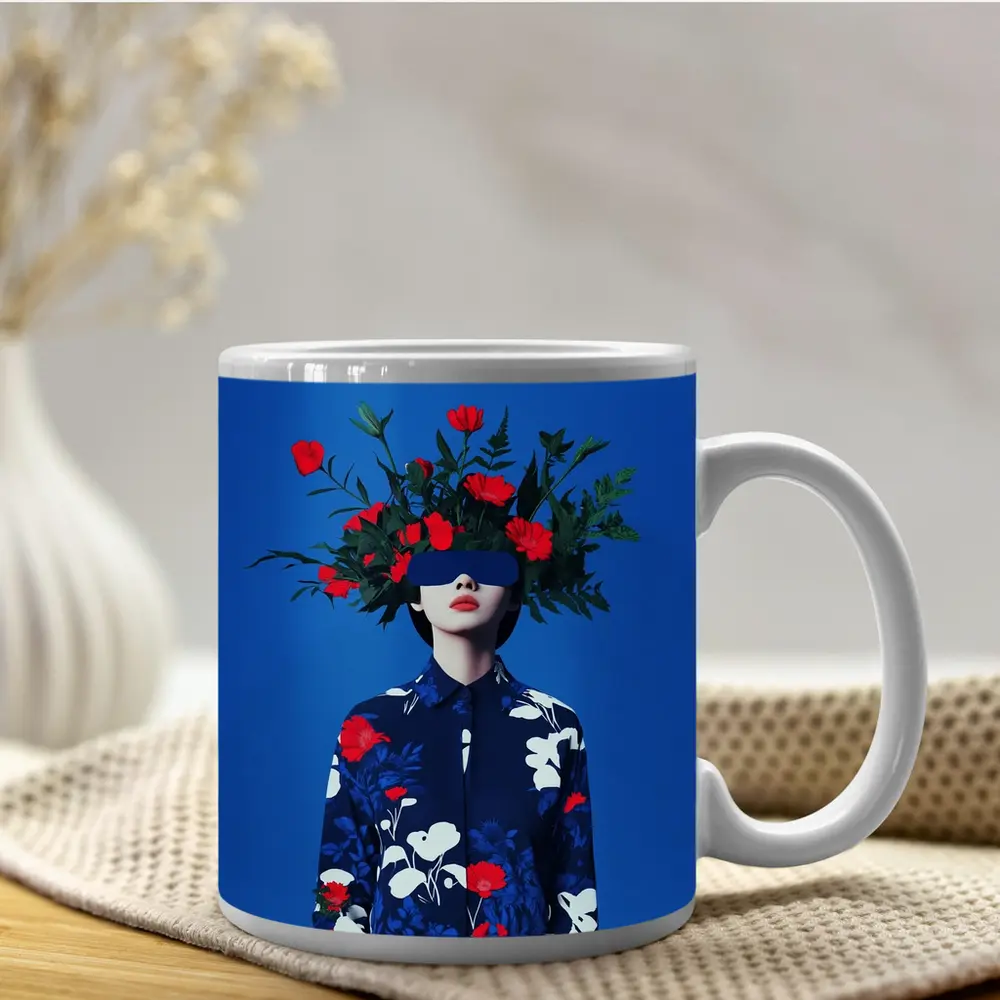 Woman With Red Flowers Blue Surreal Art – Mugs