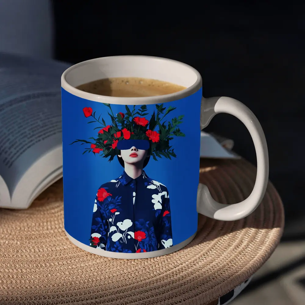 Woman With Red Flowers Blue Surreal Art – Mugs