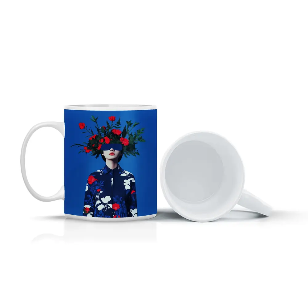 Woman With Red Flowers Blue Surreal Art – Mugs