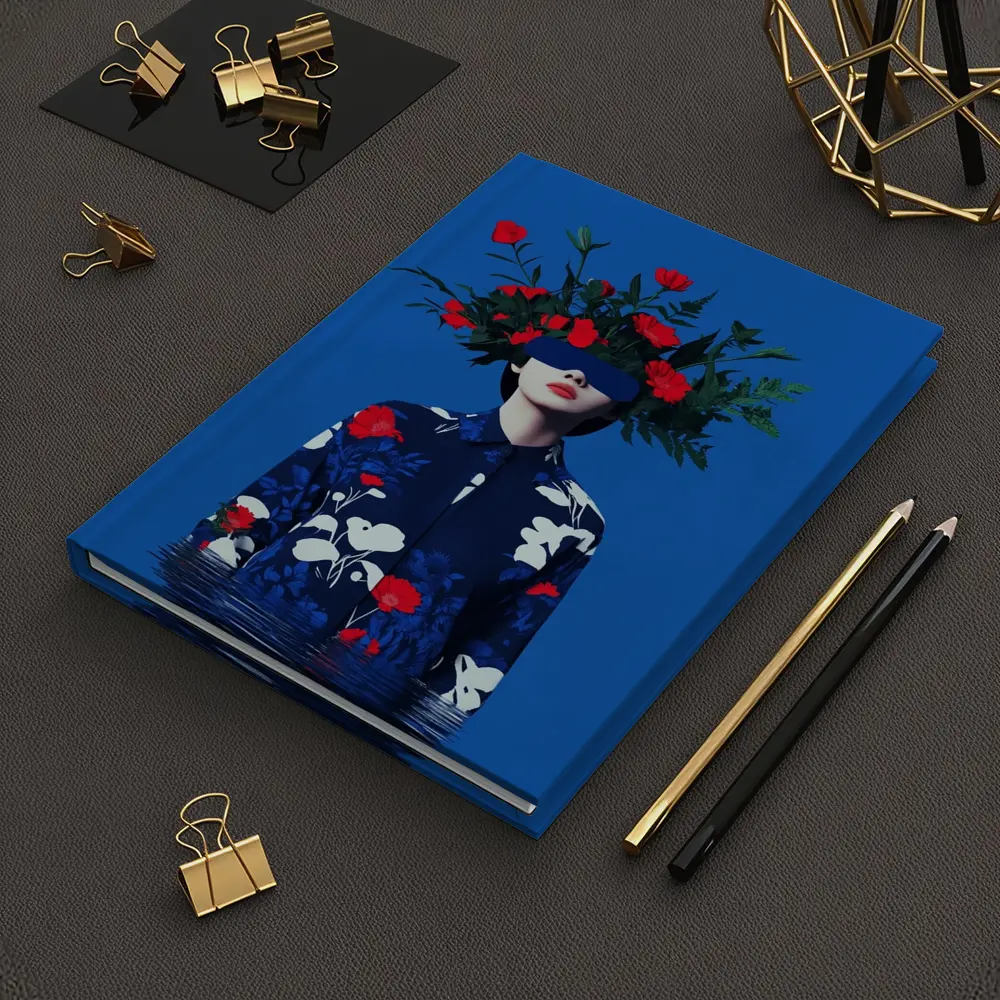 Woman With Red Flowers Blue Surreal Art – Notebooks