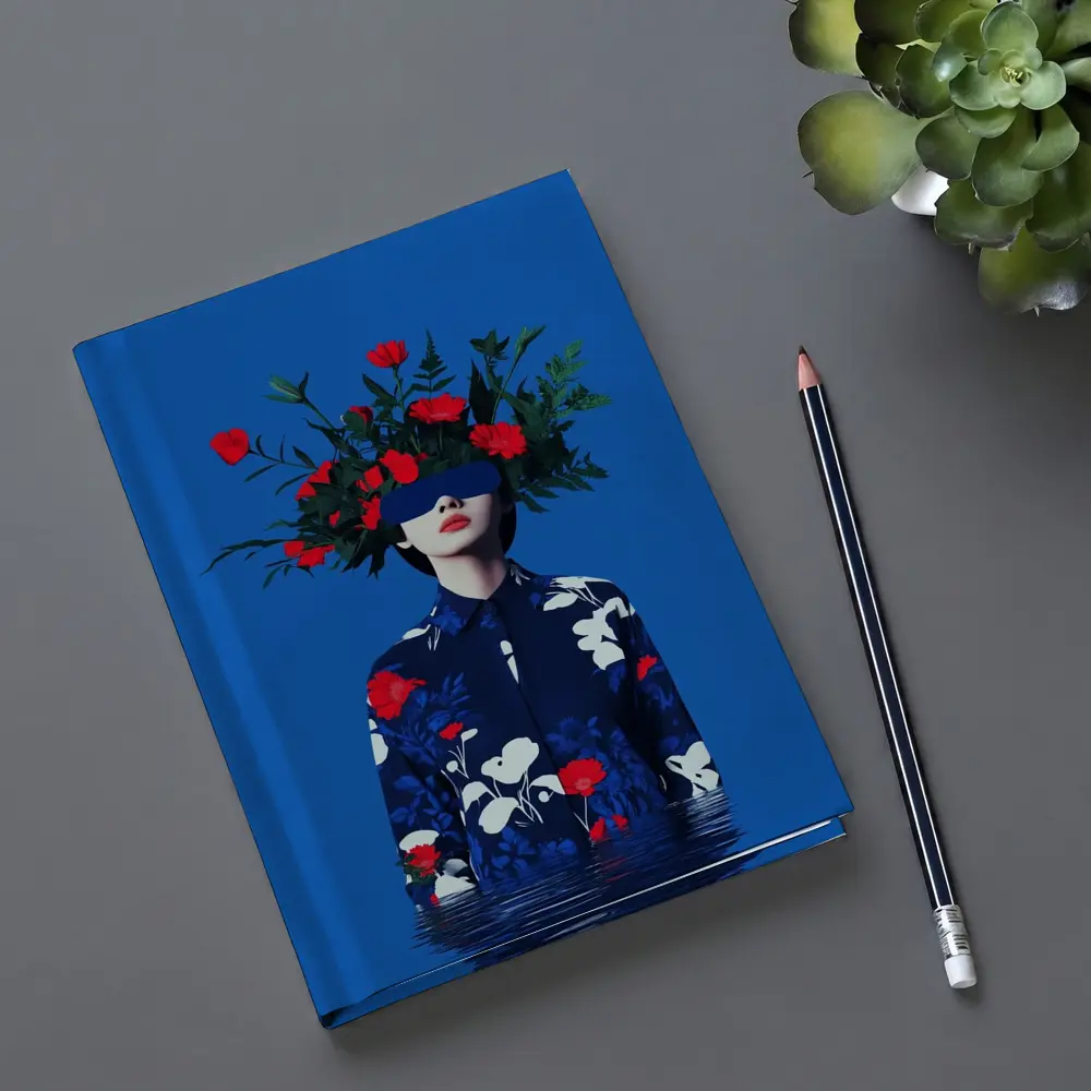 Woman With Red Flowers Blue Surreal Art – Notebooks