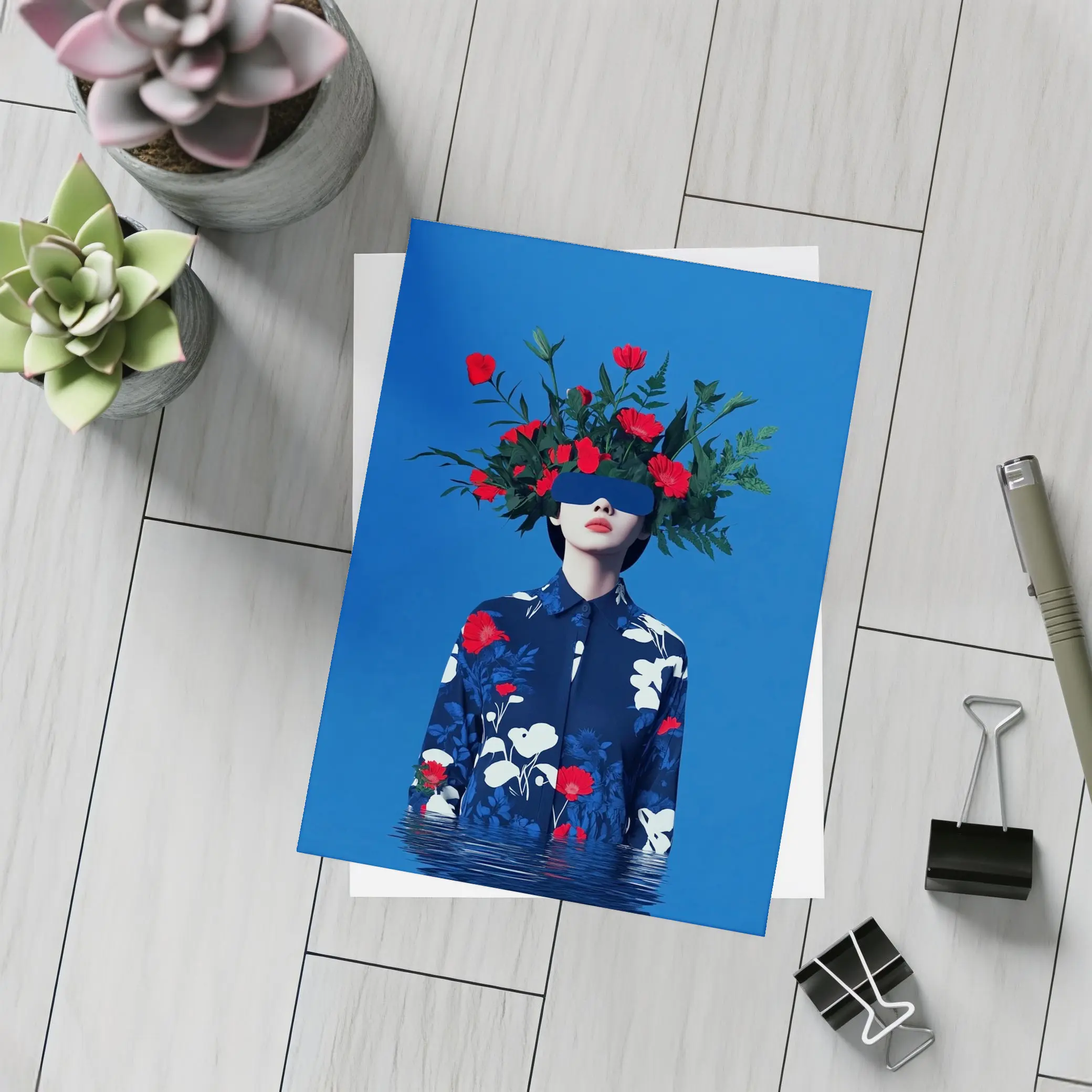 Woman With Red Flowers Blue Surreal Art – Postcards
