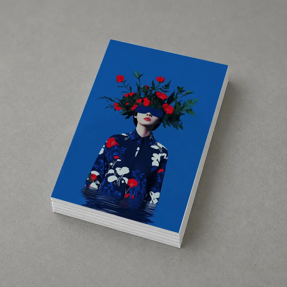 Woman With Red Flowers Blue Surreal Art – Postcards