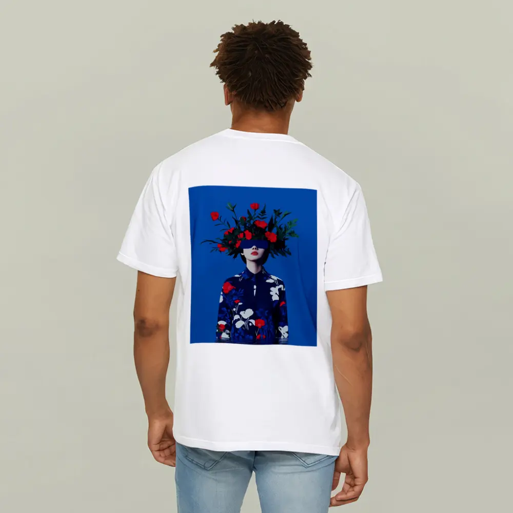 Woman With Red Flowers Blue Surreal Art – T-Shirts