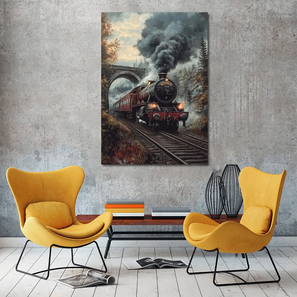 Red Steam Locomotive Train Through Autumn Forest – Wall Art