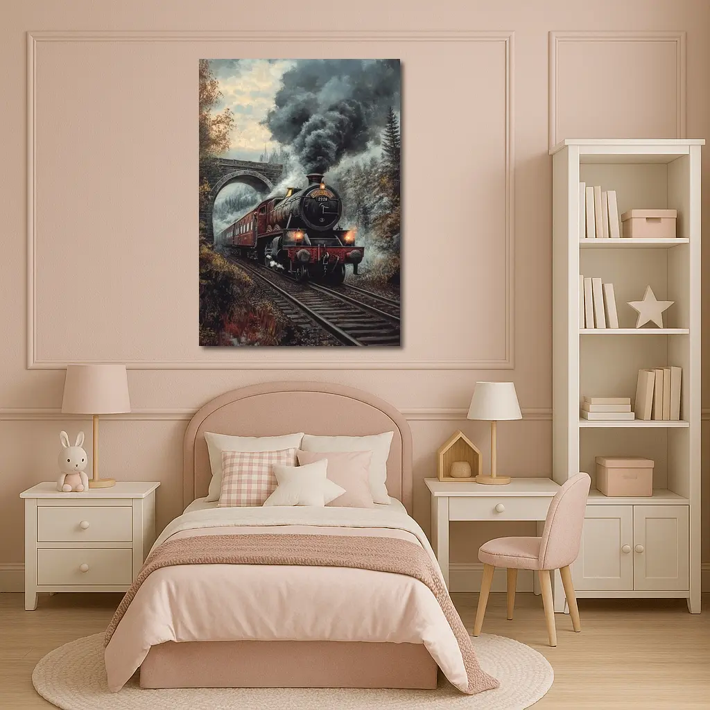 Red Steam Locomotive Train Through Autumn Forest – Wall Art