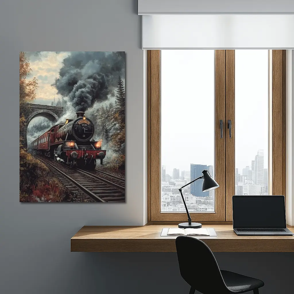 Red Steam Locomotive Train Through Autumn Forest – Wall Art