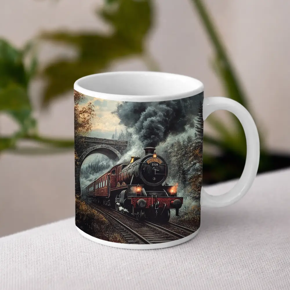 Red Steam Locomotive Train Through Autumn Forest – Mugs