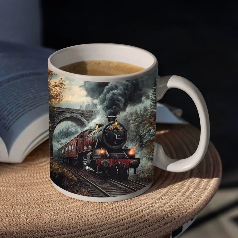 Red Steam Locomotive Train Through Autumn Forest – Mugs