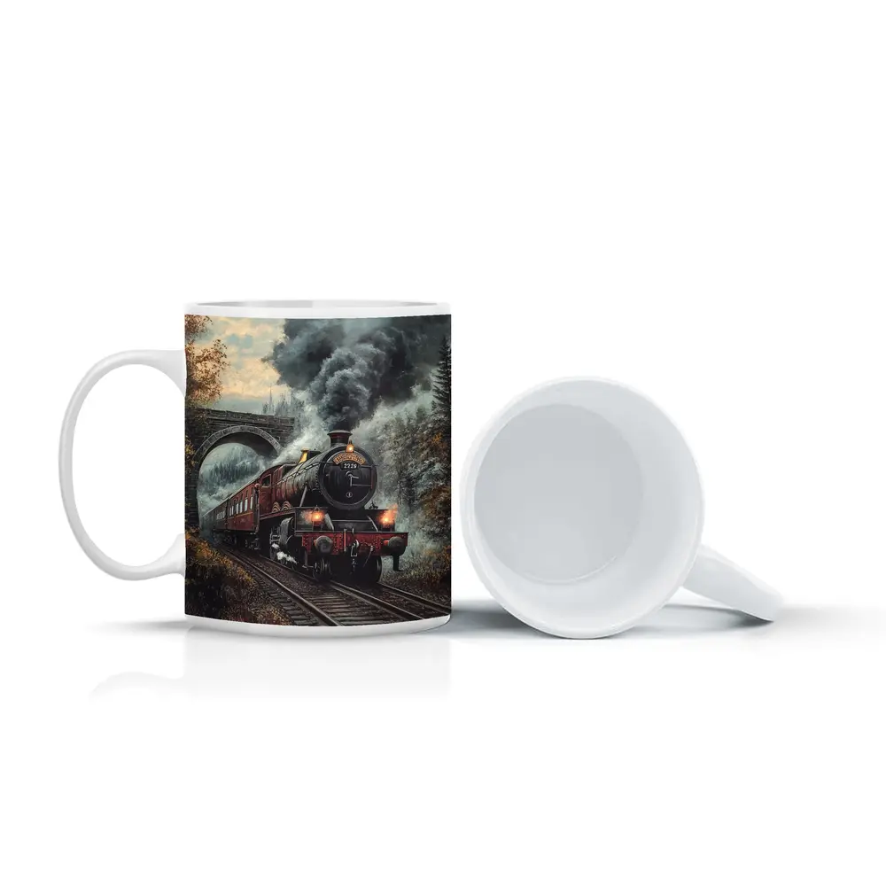 Red Steam Locomotive Train Through Autumn Forest – Mugs