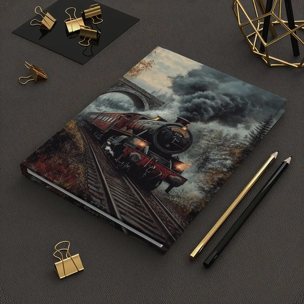 Red Steam Locomotive Train Through Autumn Forest – Notebooks