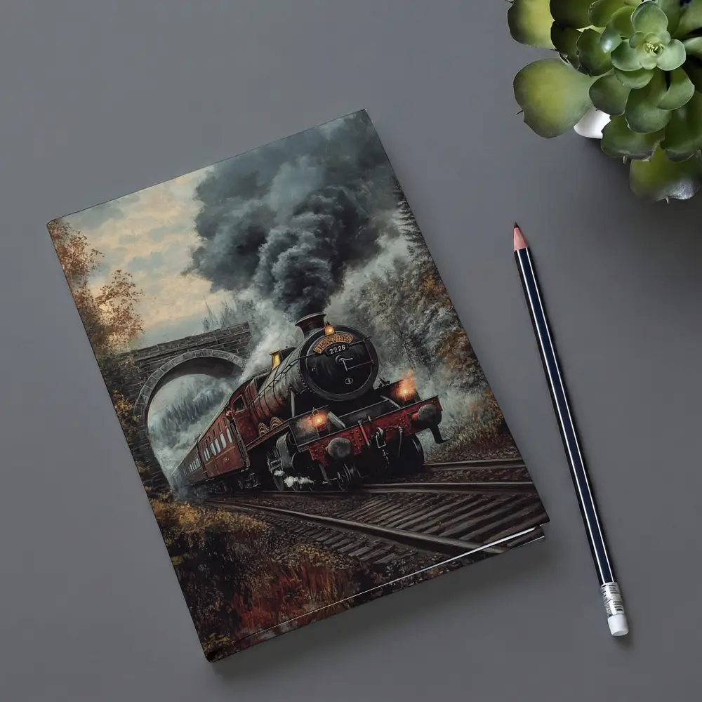 Red Steam Locomotive Train Through Autumn Forest – Notebooks