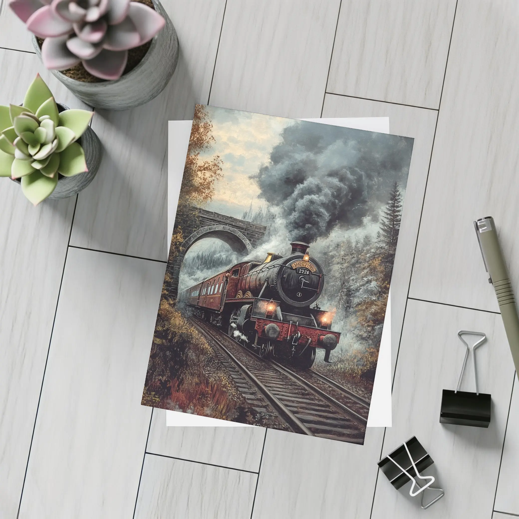 Red Steam Locomotive Train Through Autumn Forest – Postcards