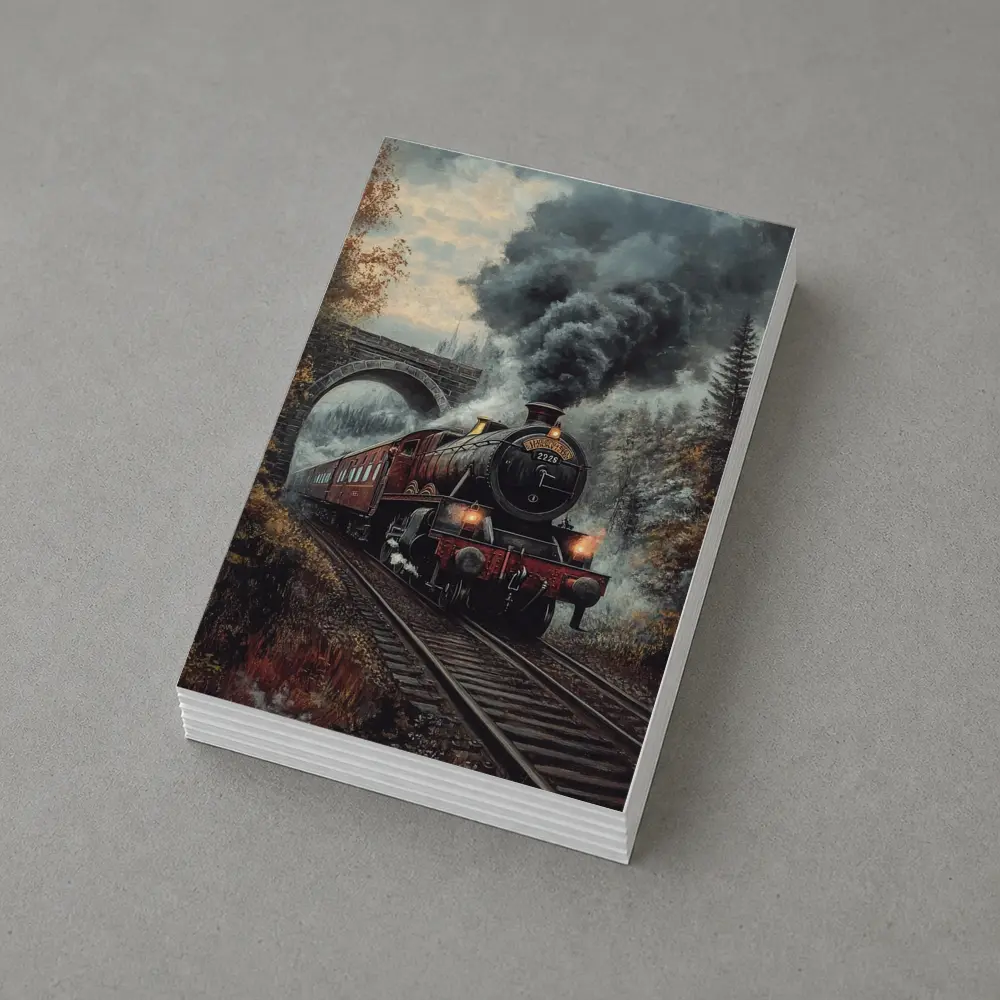 Red Steam Locomotive Train Through Autumn Forest – Postcards