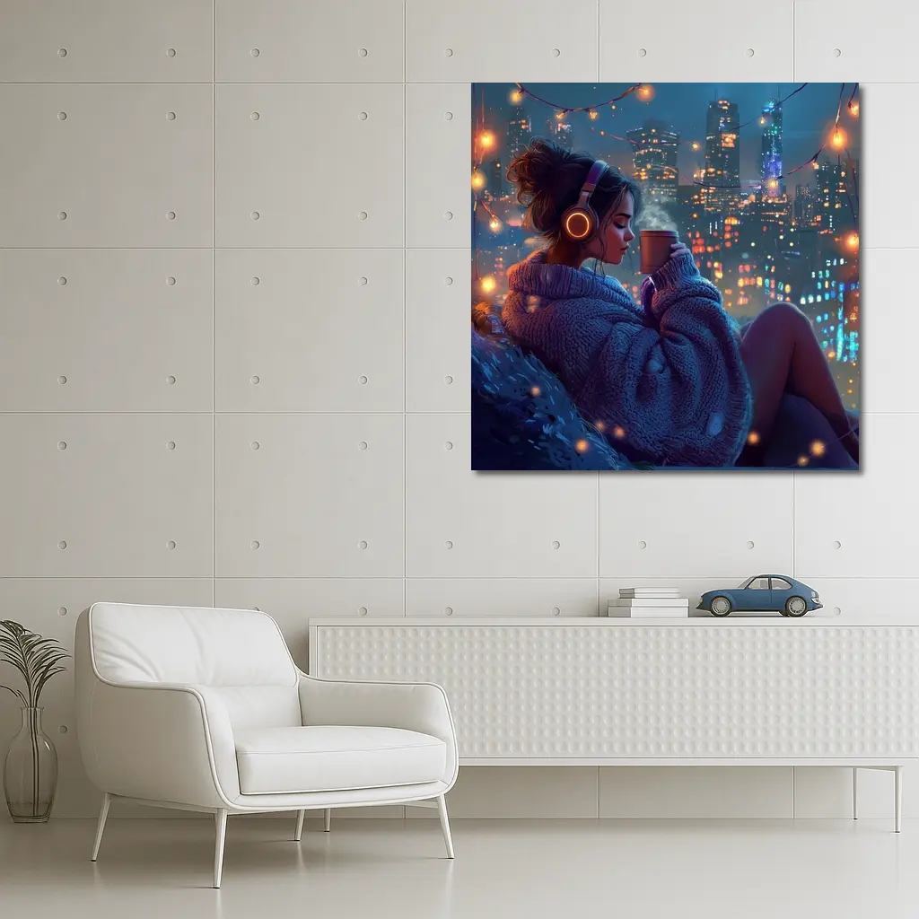 Girl With Headphones Coffee City Night – Wall Art