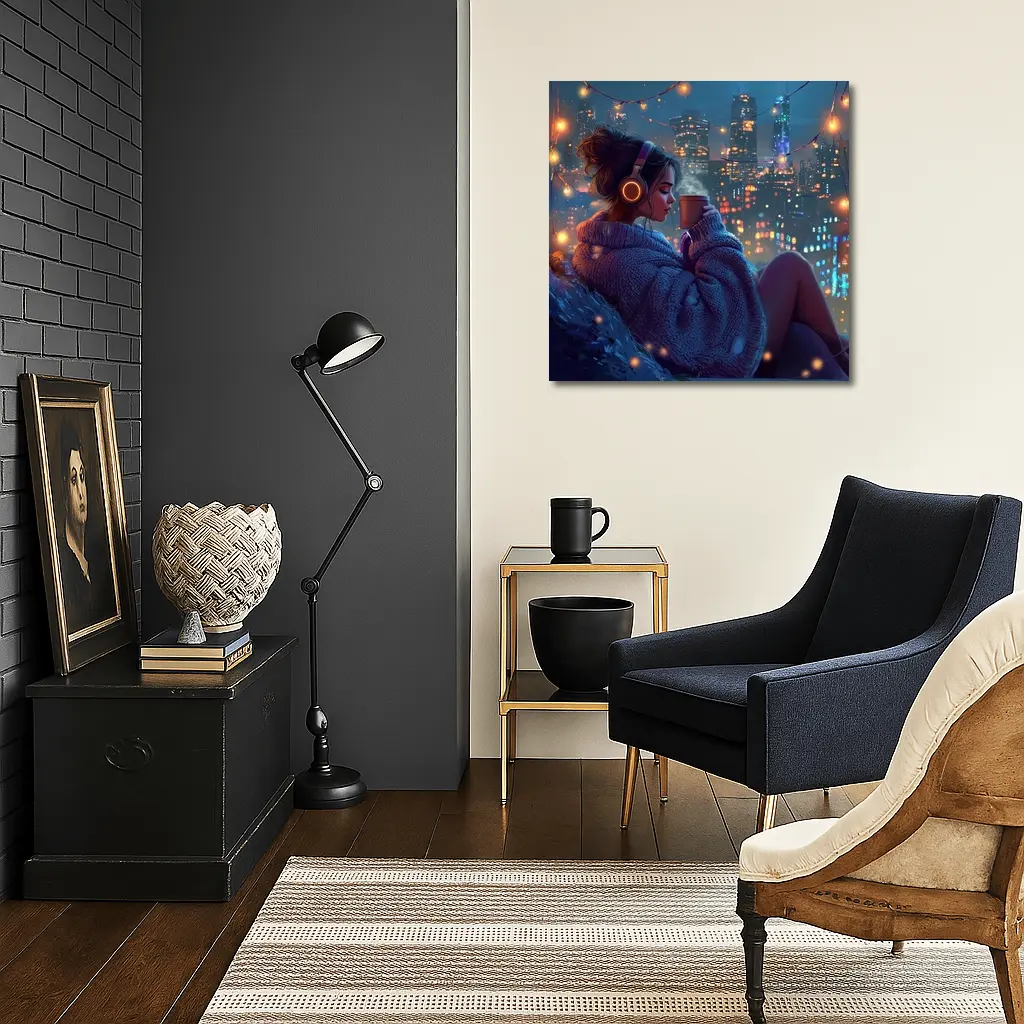 Girl With Headphones Coffee City Night – Wall Art