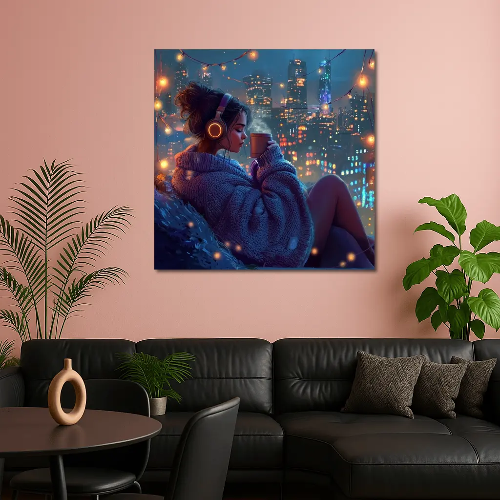 Girl With Headphones Coffee City Night – Wall Art