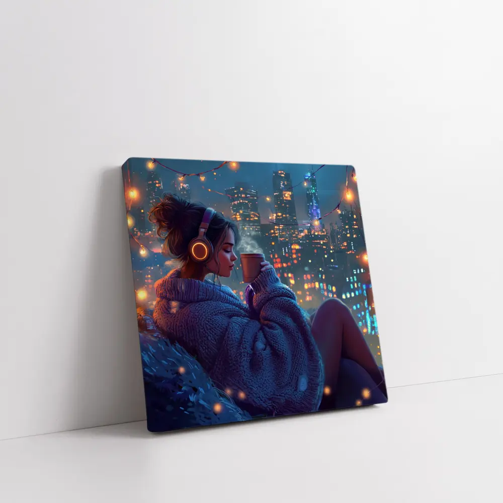 Girl With Headphones Coffee City Night – Wall Art