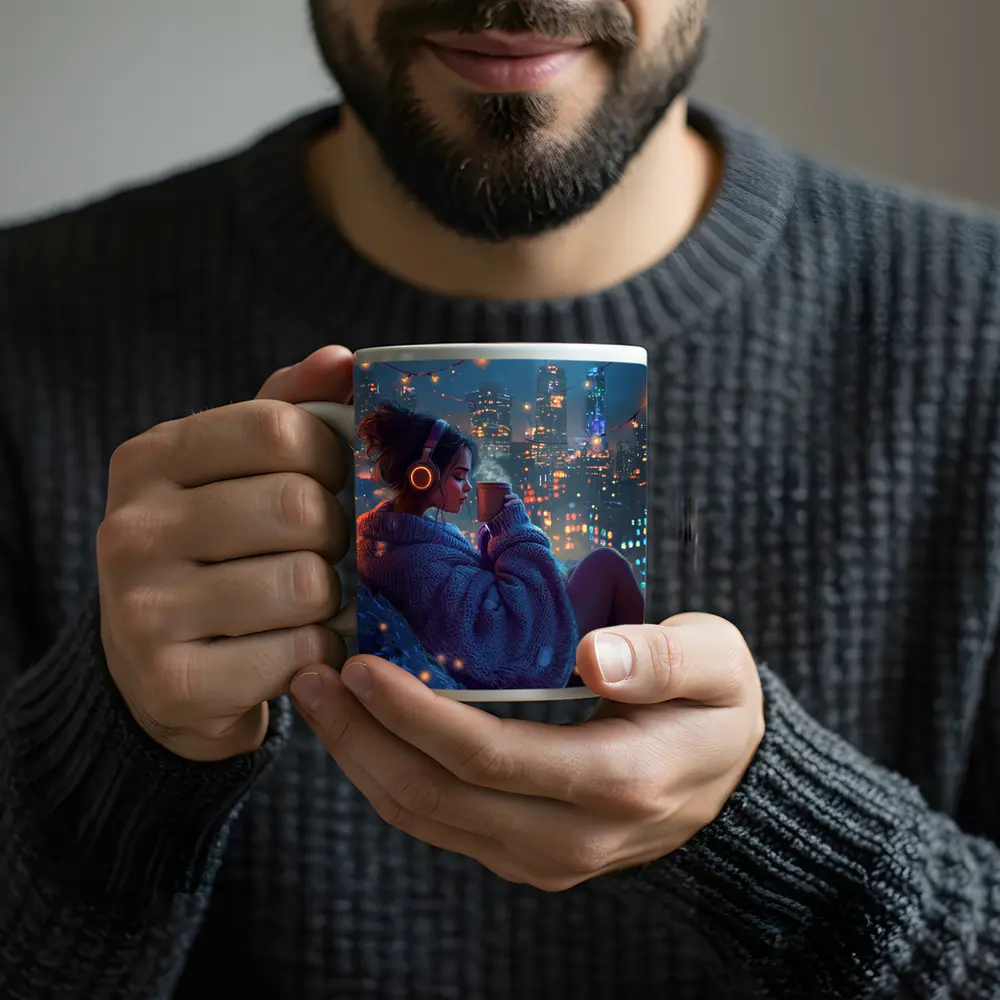Girl With Headphones Coffee City Night – Mugs