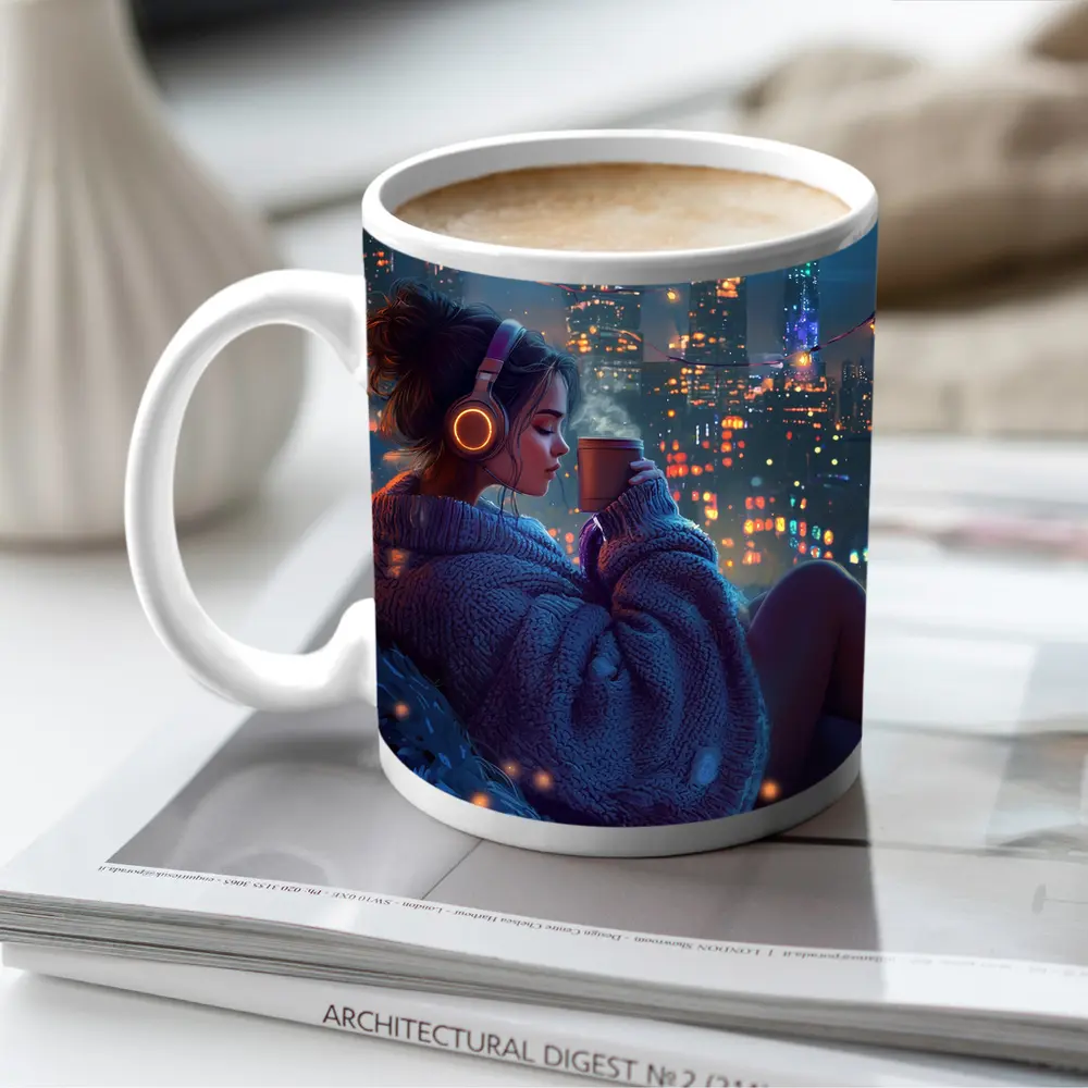 Girl With Headphones Coffee City Night – Mugs