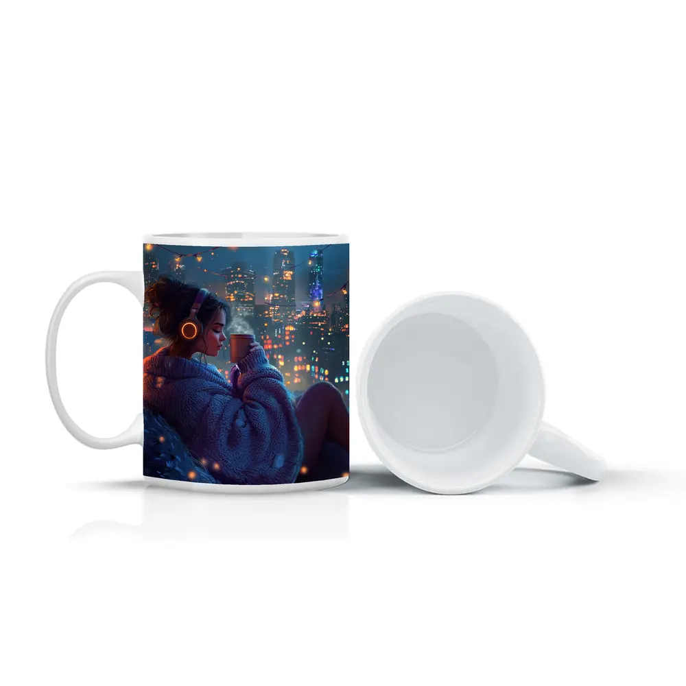 Girl With Headphones Coffee City Night – Mugs