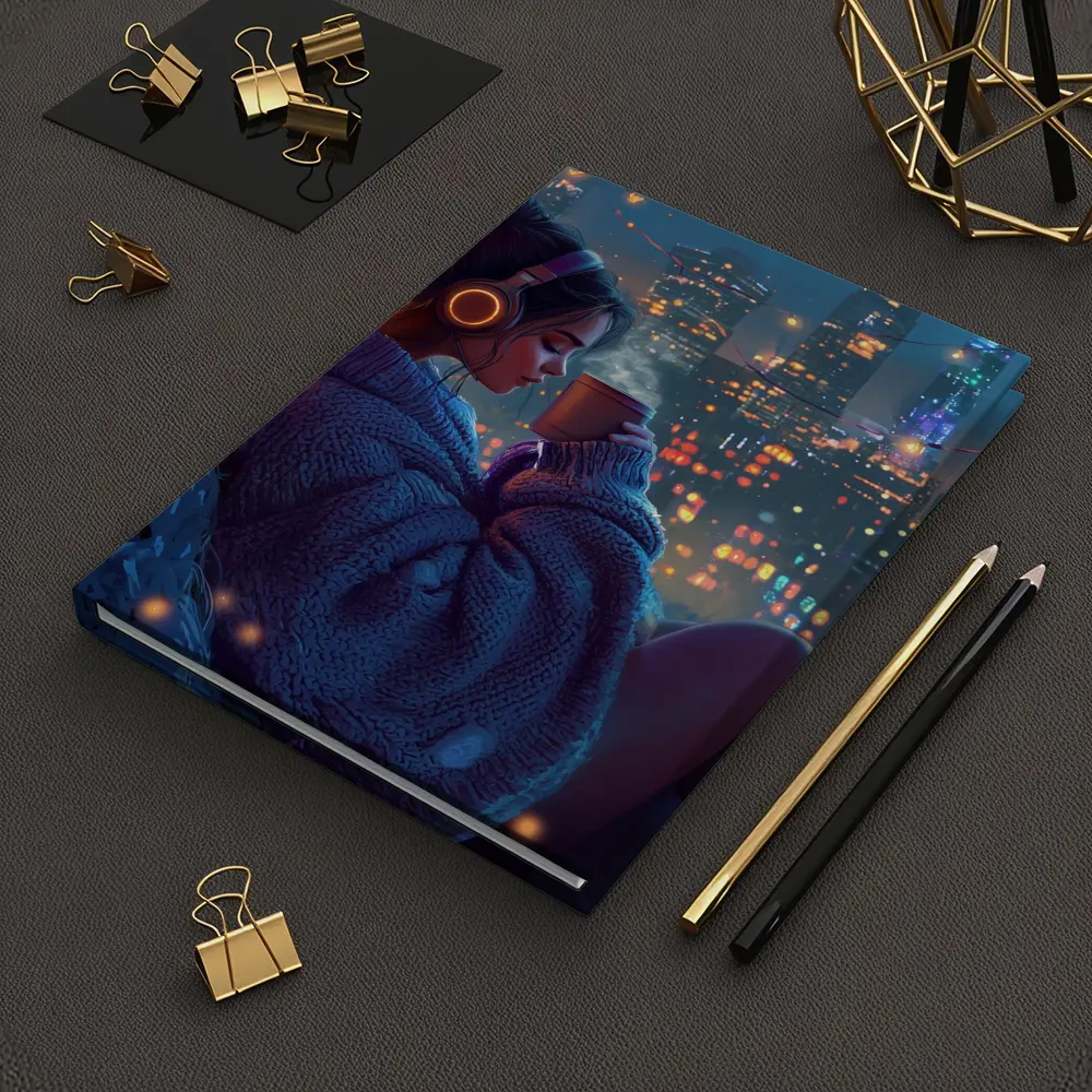 Girl With Headphones Coffee City Night – Notebooks