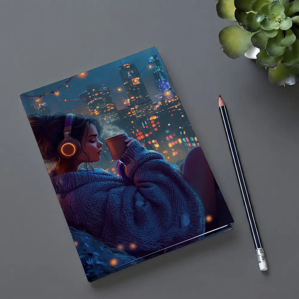 Girl With Headphones Coffee City Night – Notebooks