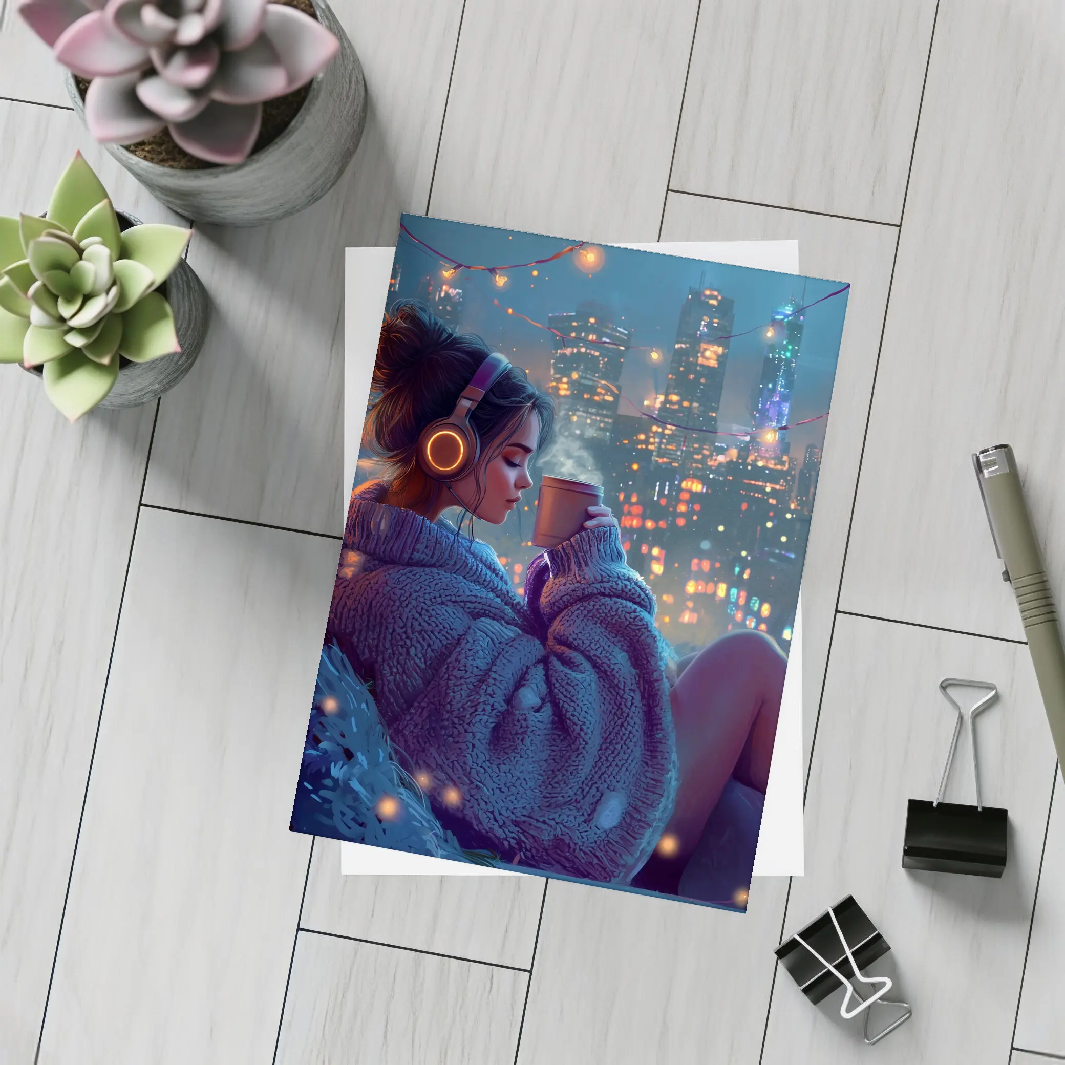 Girl With Headphones Coffee City Night – Postcards