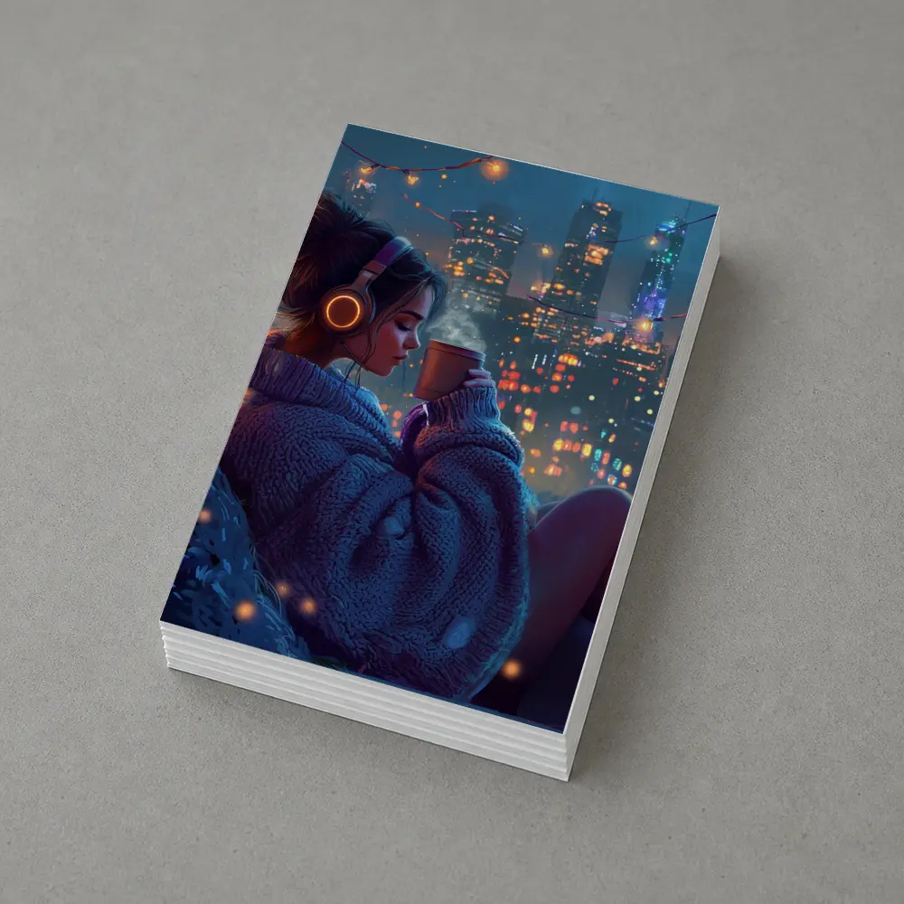 Girl With Headphones Coffee City Night – Postcards