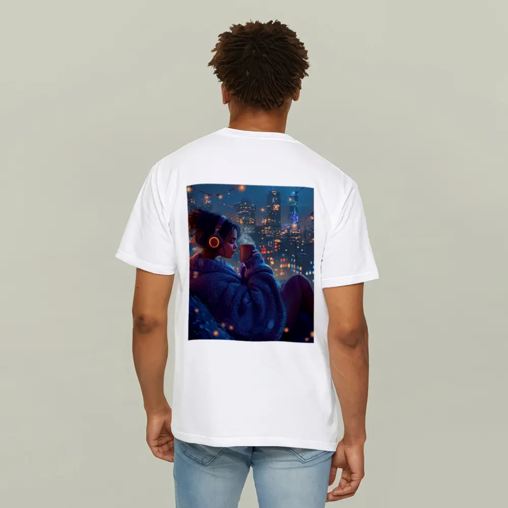 Girl With Headphones Coffee City Night – T-Shirts
