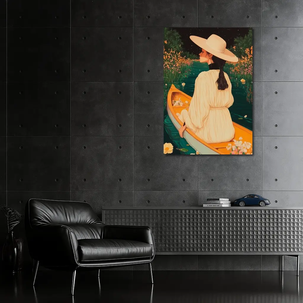 Woman in Hat on Boat Floral Night – Wall Art