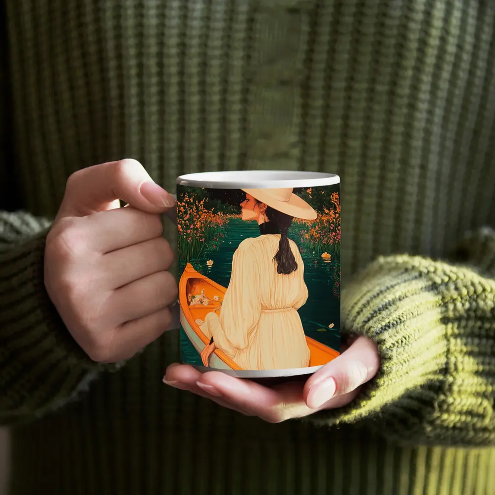 Woman in Hat on Boat Floral Night – Mugs