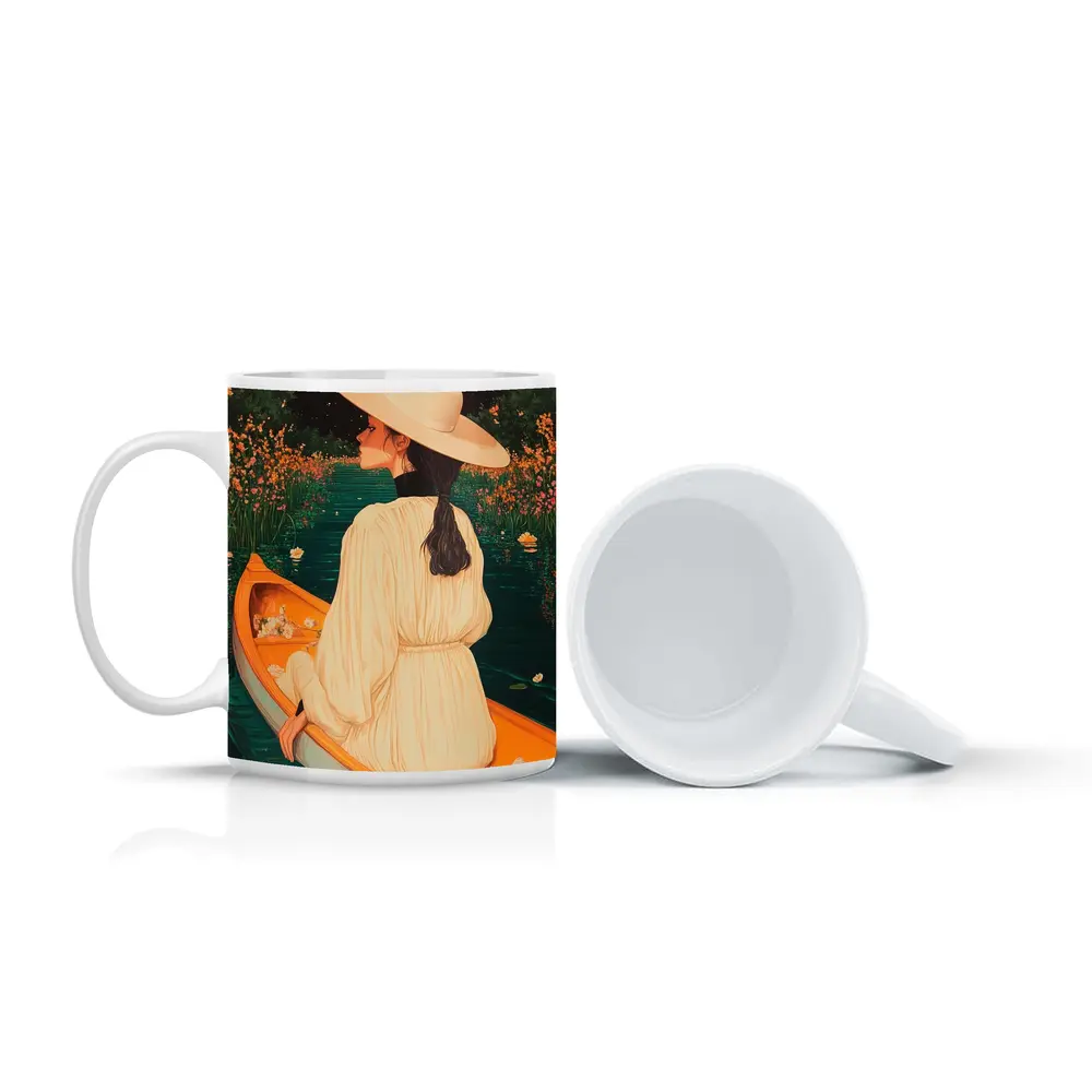 Woman in Hat on Boat Floral Night – Mugs