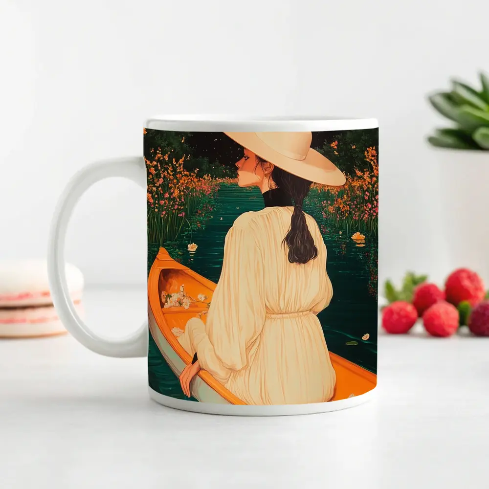 Woman in Hat on Boat Floral Night – Mugs