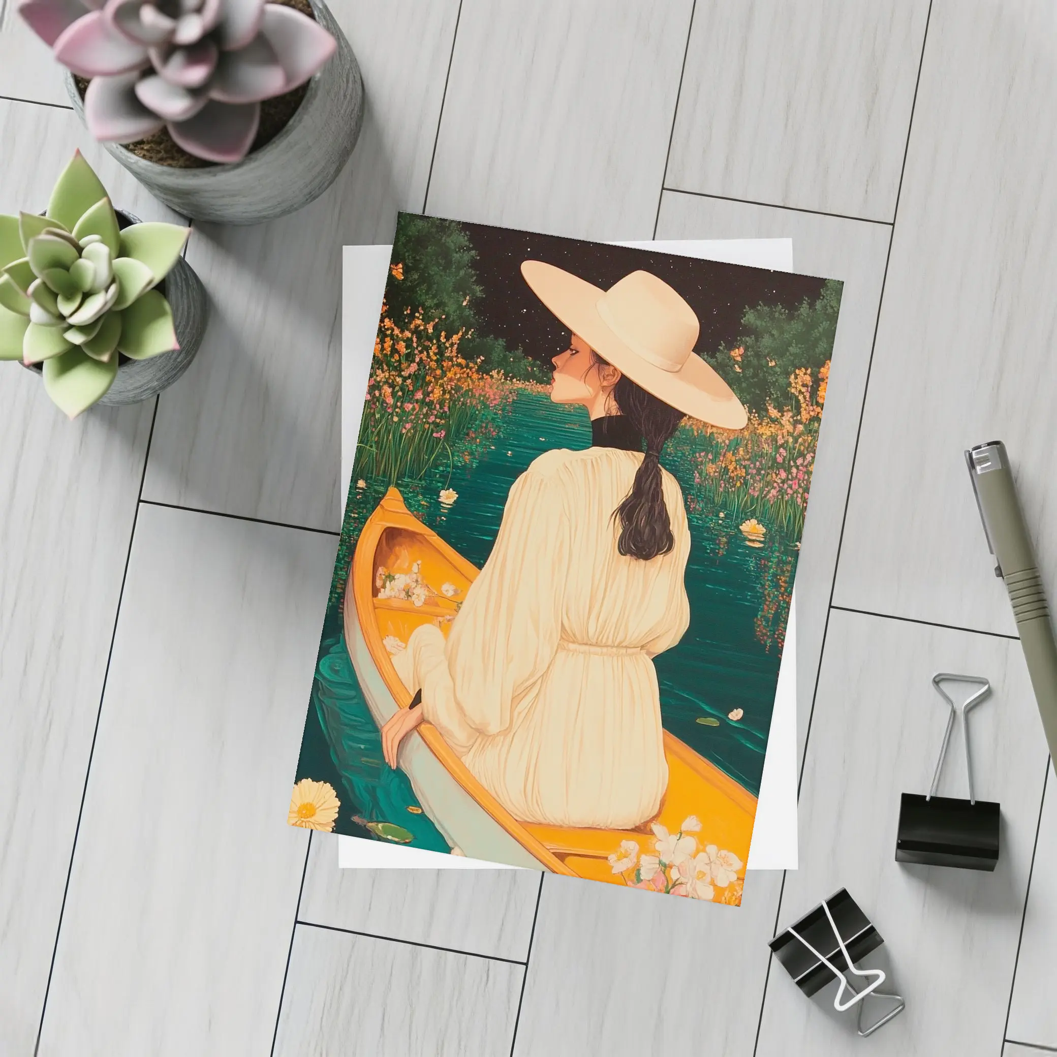 Woman in Hat on Boat Floral Night – Postcards