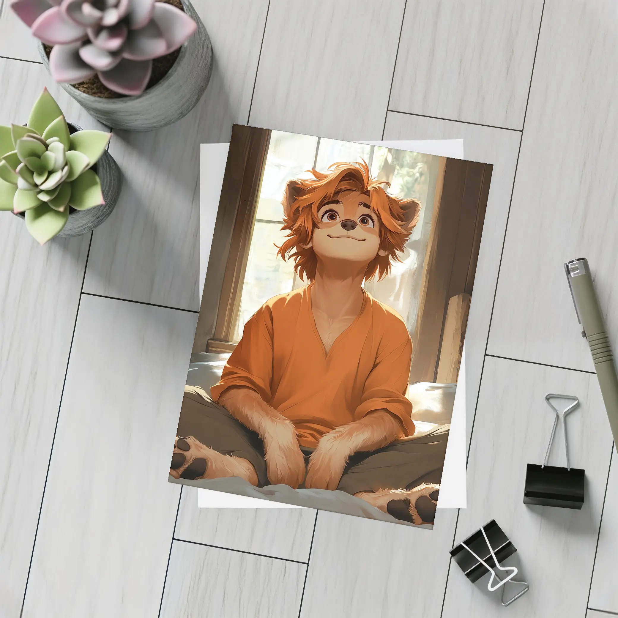 Anime Lion Boy Sitting Cozy Indoor Room – Postcards