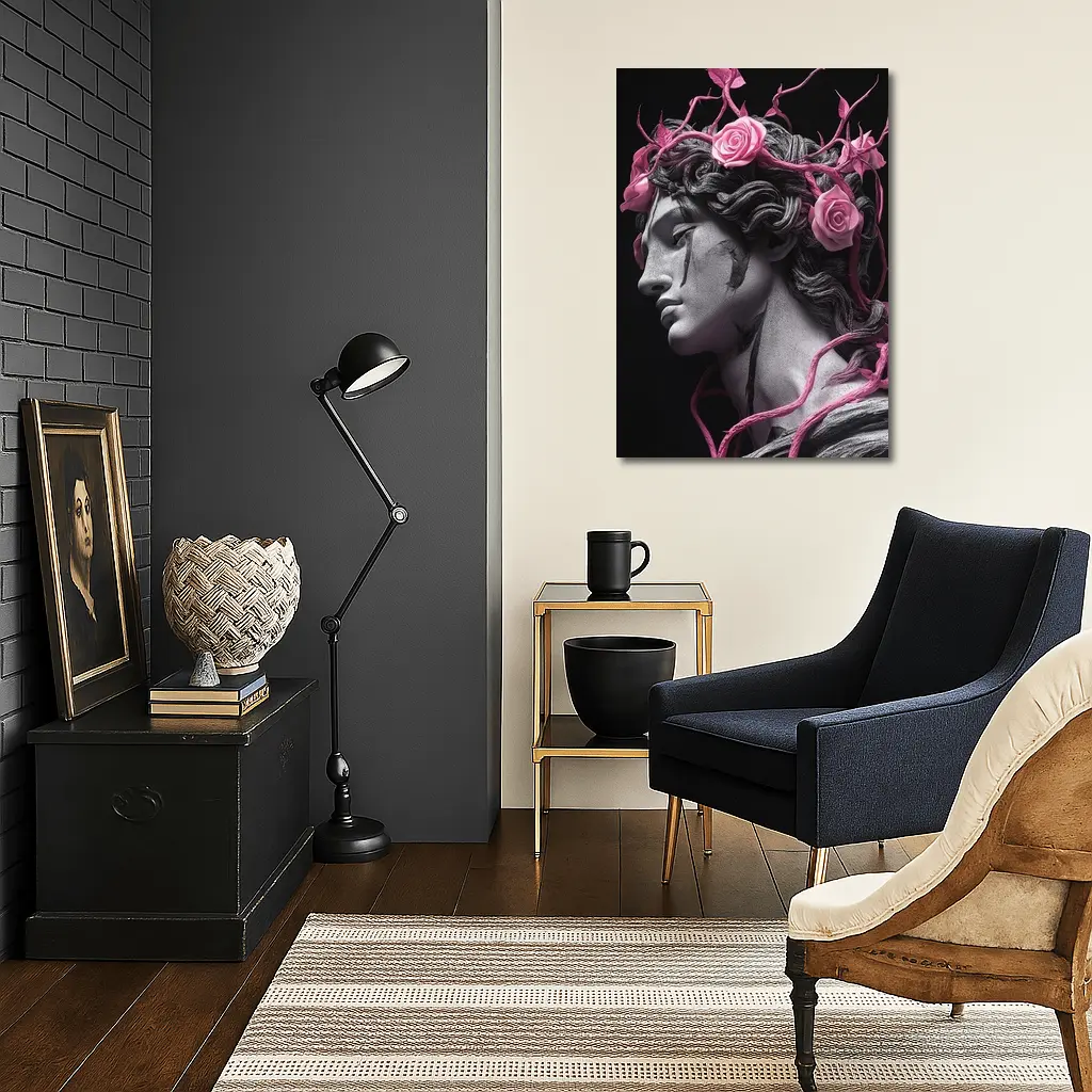 Greek Statue Pink Roses Dark Background – Wall Art