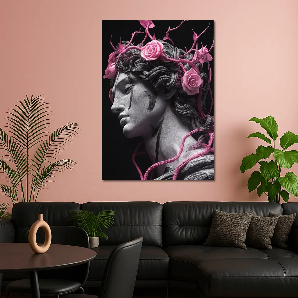 Greek Statue Pink Roses Dark Background – Wall Art