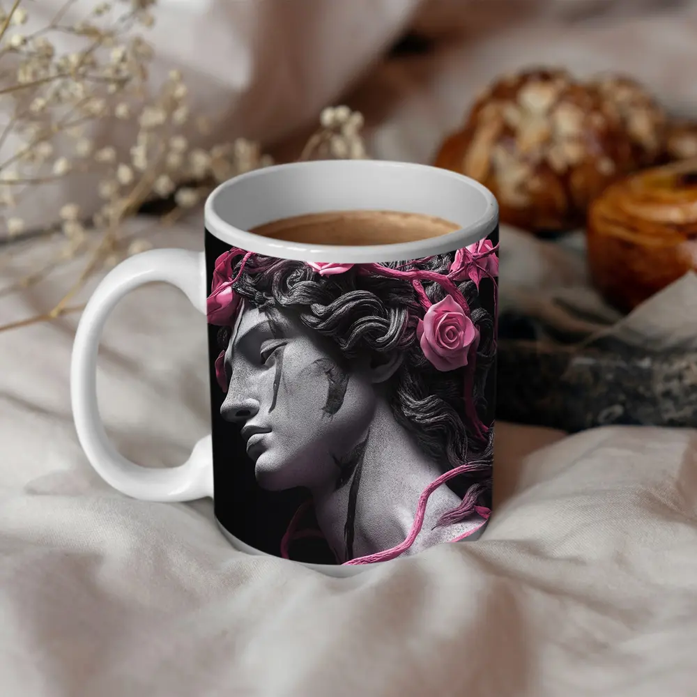 Greek Statue Pink Roses Dark Background – Mugs