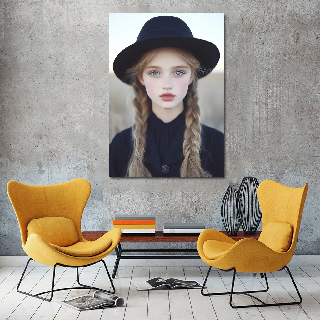 Blonde Girl Blue Eyes Black Hat Portrait – Wall Art