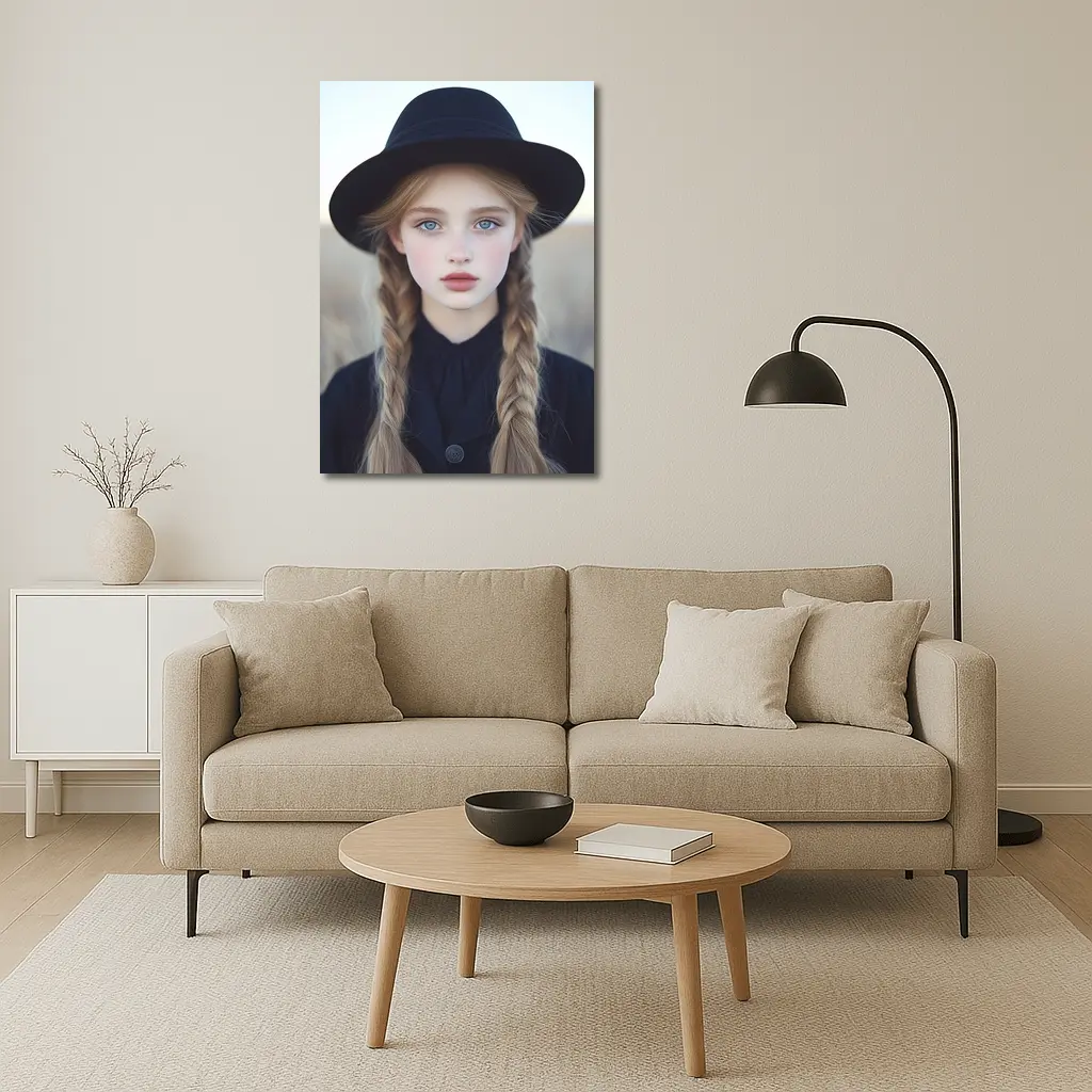 Blonde Girl Blue Eyes Black Hat Portrait – Wall Art