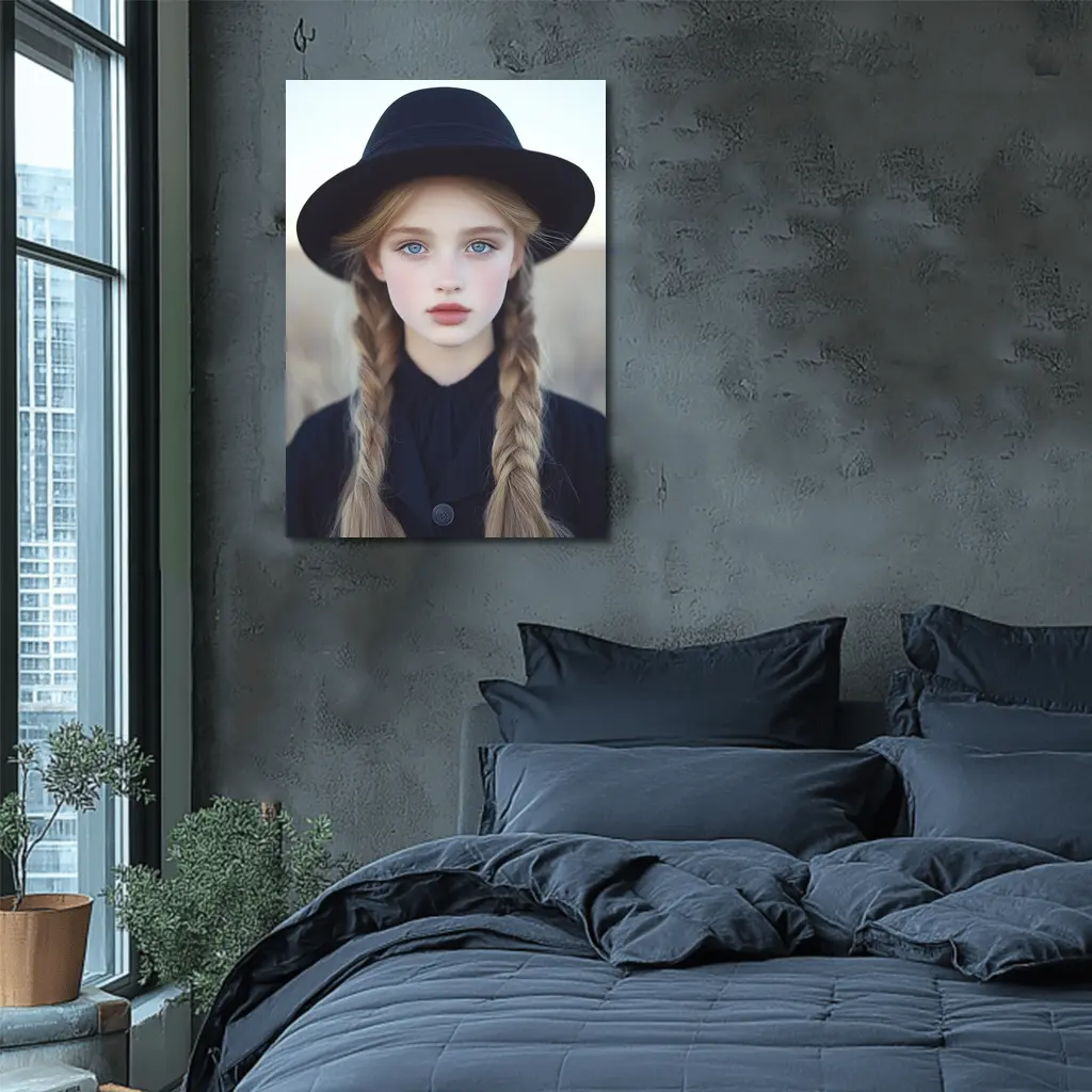 Blonde Girl Blue Eyes Black Hat Portrait – Wall Art
