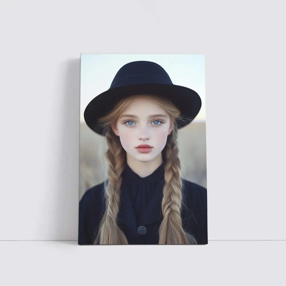 Blonde Girl Blue Eyes Black Hat Portrait – Wall Art
