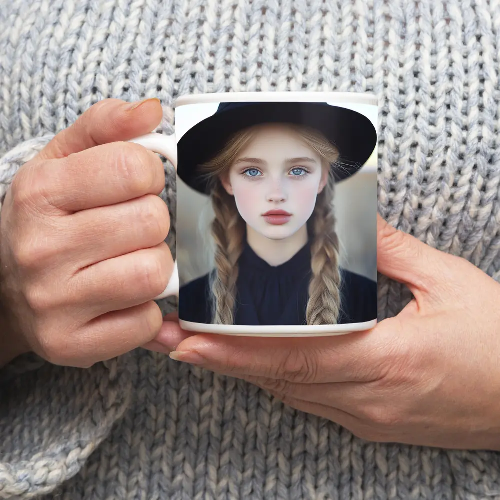 Blonde Girl Blue Eyes Black Hat Portrait – Mugs