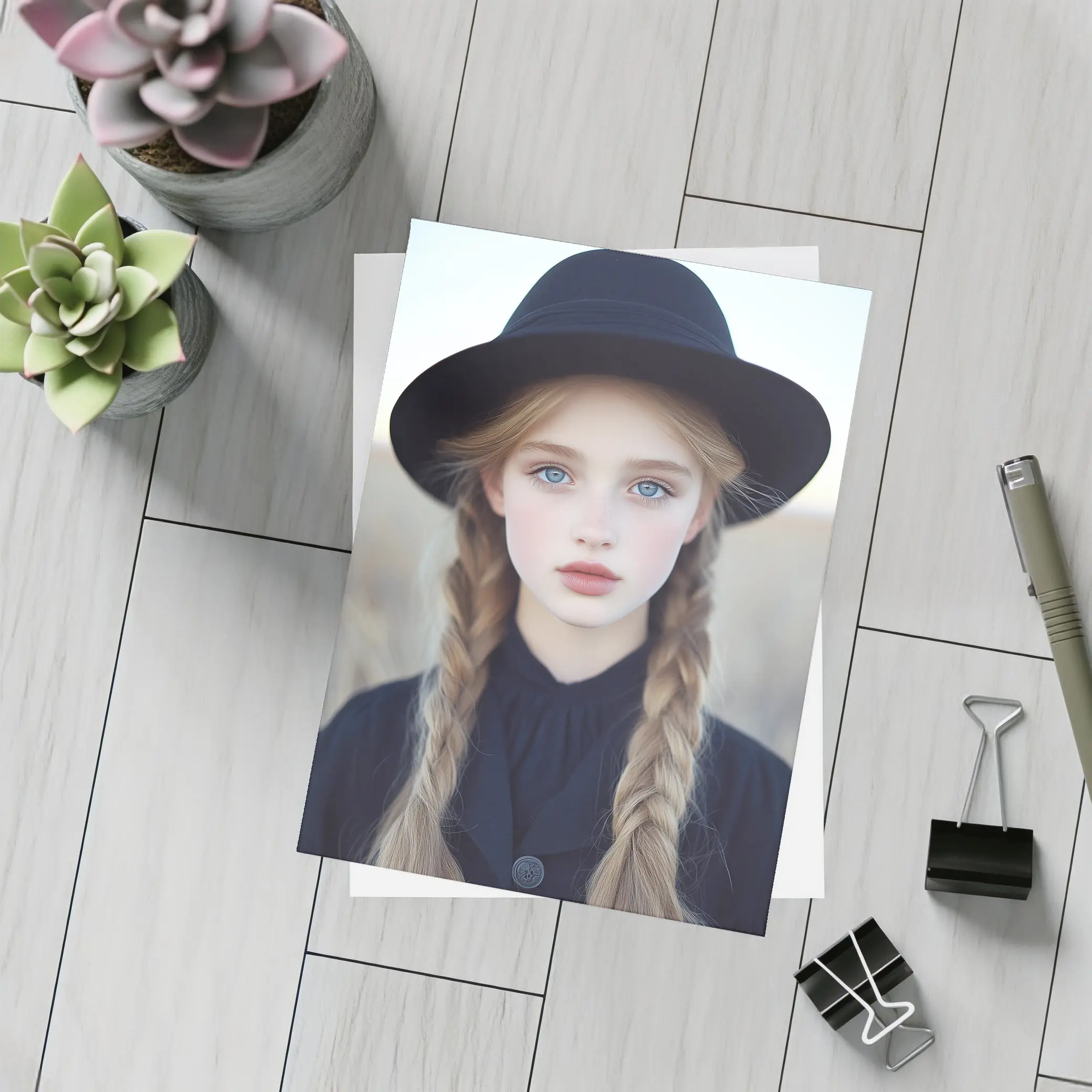 Blonde Girl Blue Eyes Black Hat Portrait – Postcards