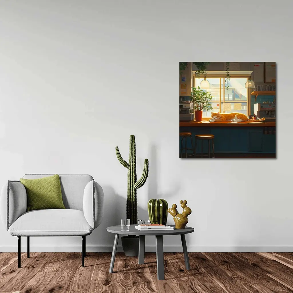 Orange Cat Sleeping on Cafe Counter – Wall Art