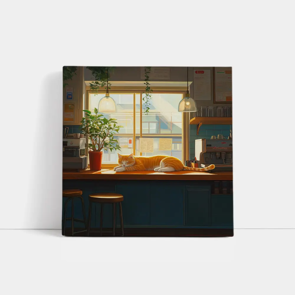 Orange Cat Sleeping on Cafe Counter – Wall Art