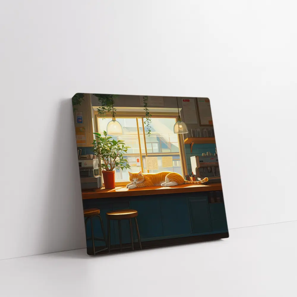 Orange Cat Sleeping on Cafe Counter – Wall Art